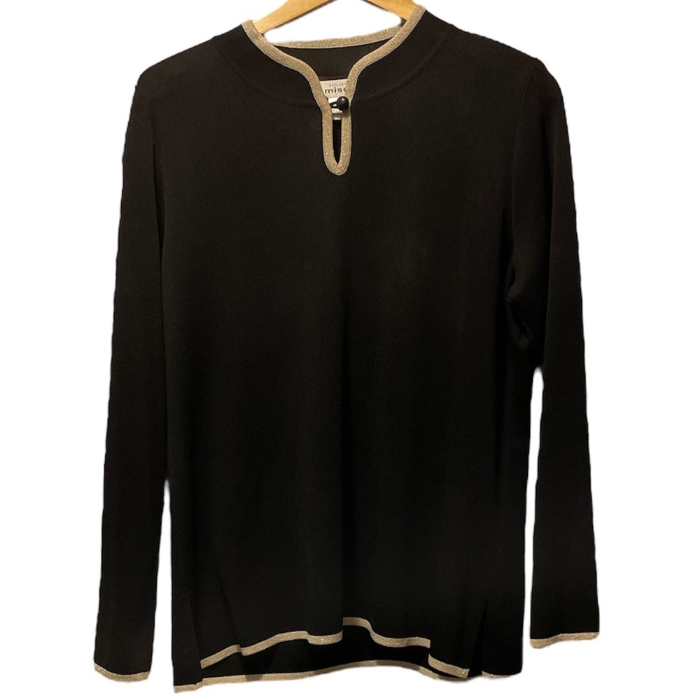 Exclusively Misook black long sleeve gold shimmer trim tunic top large
